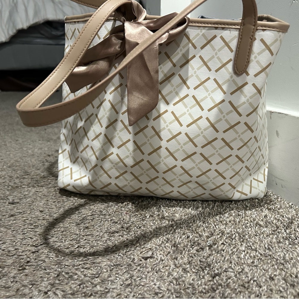 Neutral Patterned Tote Bag with Satin Bow - Picture 3 of 4